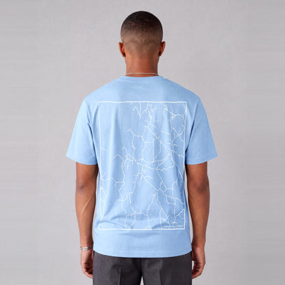 Whitingham map tee, back print on model - Light Blue