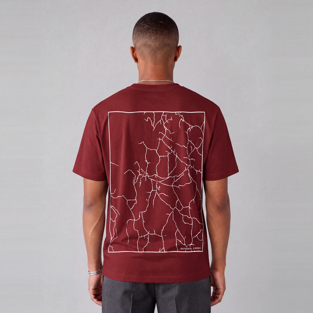 Whitingham map tee, back print on model - Maroon
