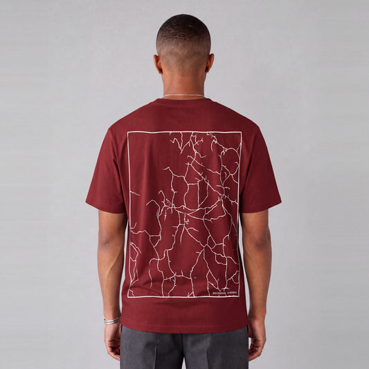 Whitingham map tee, back print on model - Maroon