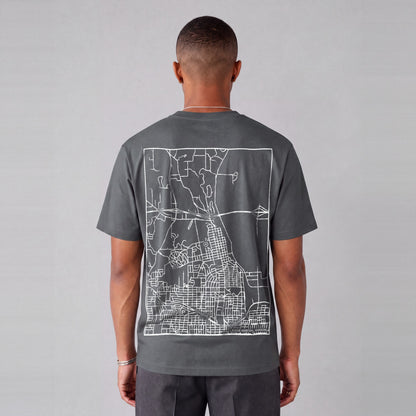 Winter Quarters map tee, back print on model - Charcoal