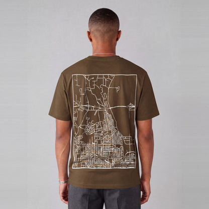 Winter Quarters map tee, back print on model - Coffee