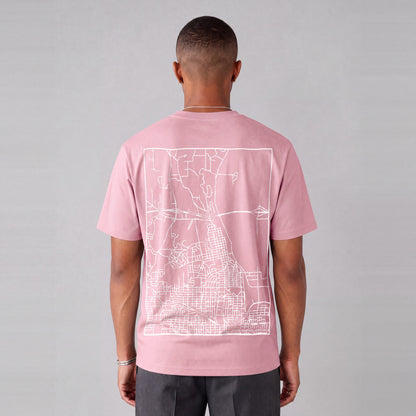 Winter Quarters map tee, back print on model - Pink