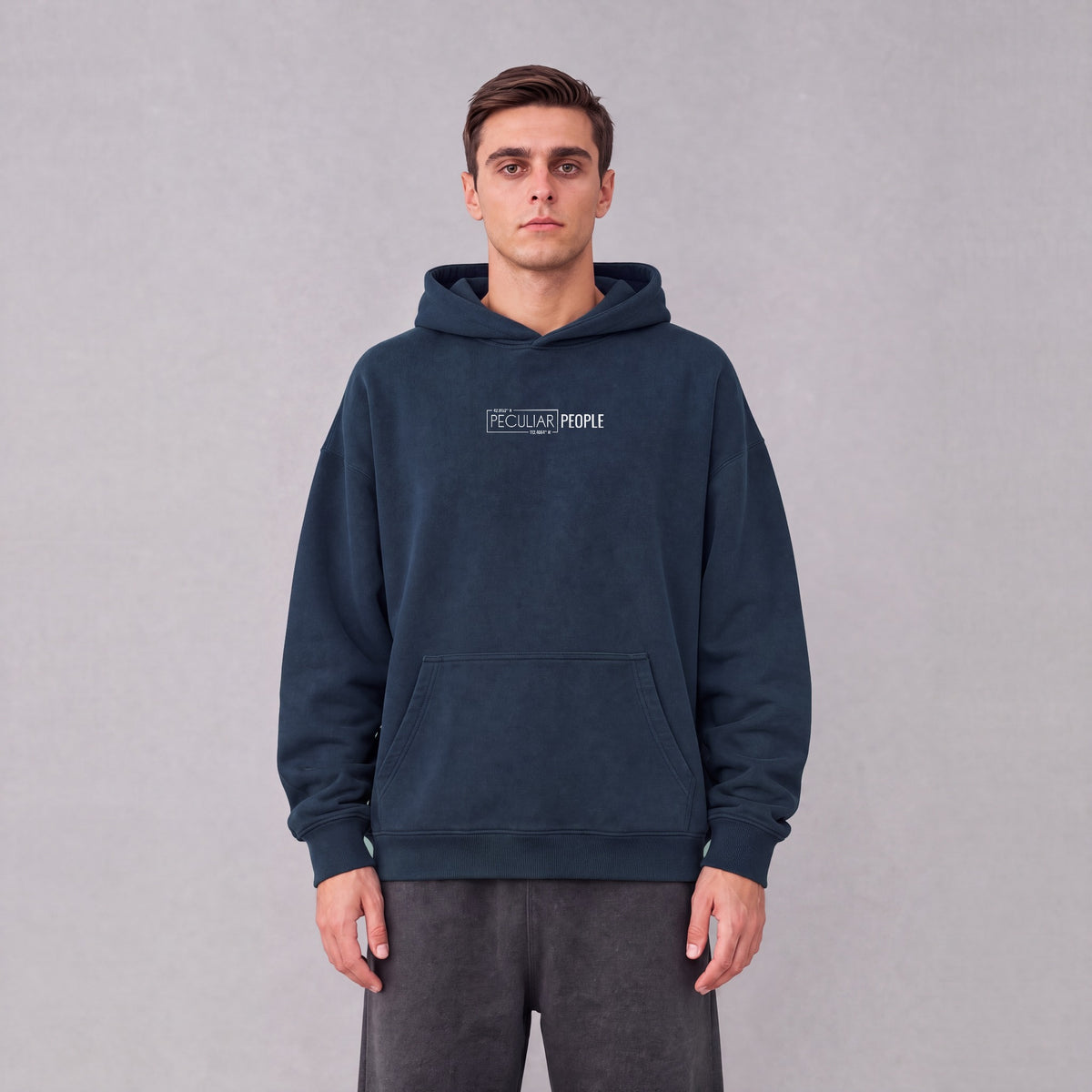 Pocatello map hoodie, front logo on model - Navy Blue