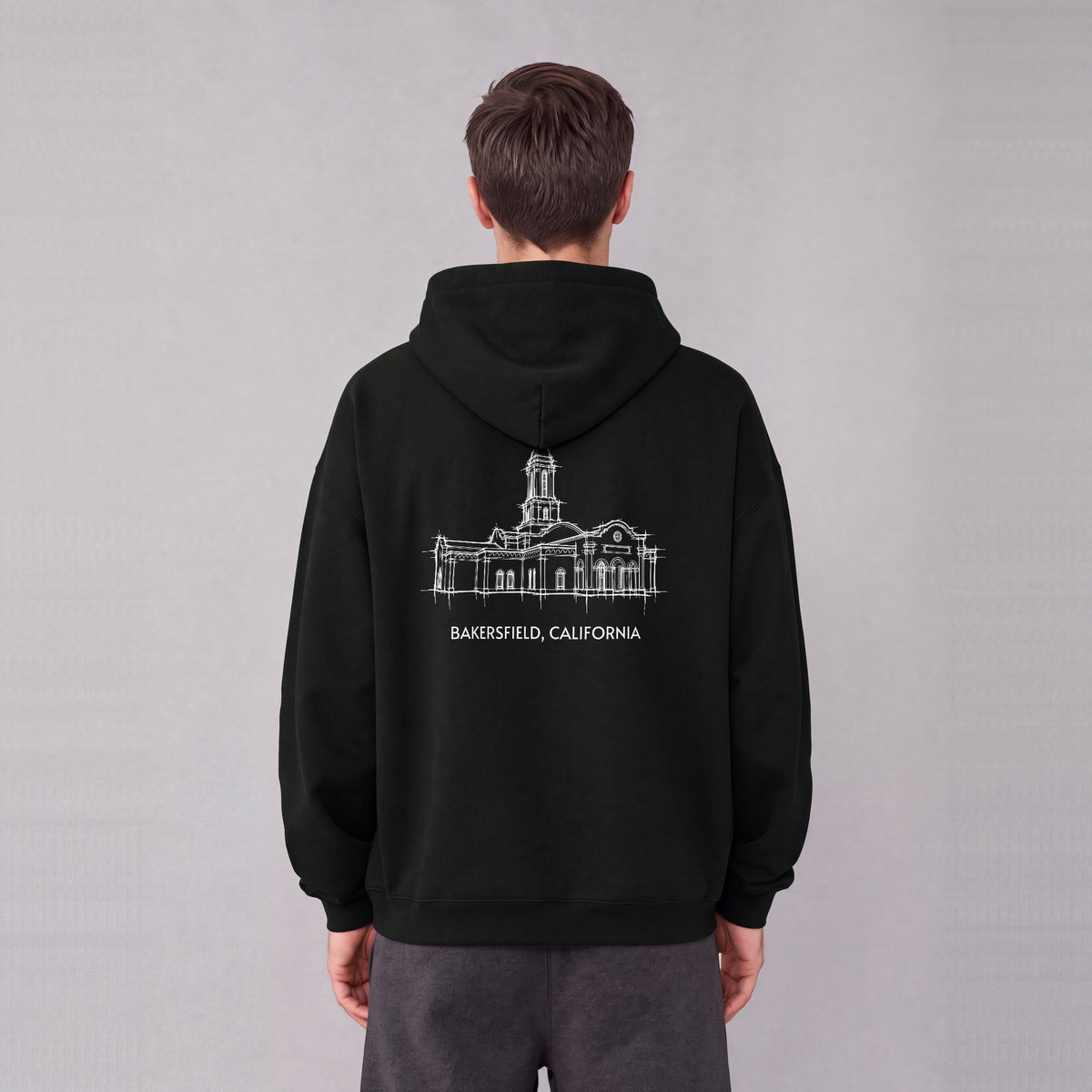 Bakersfield Temple back print on model - Black
