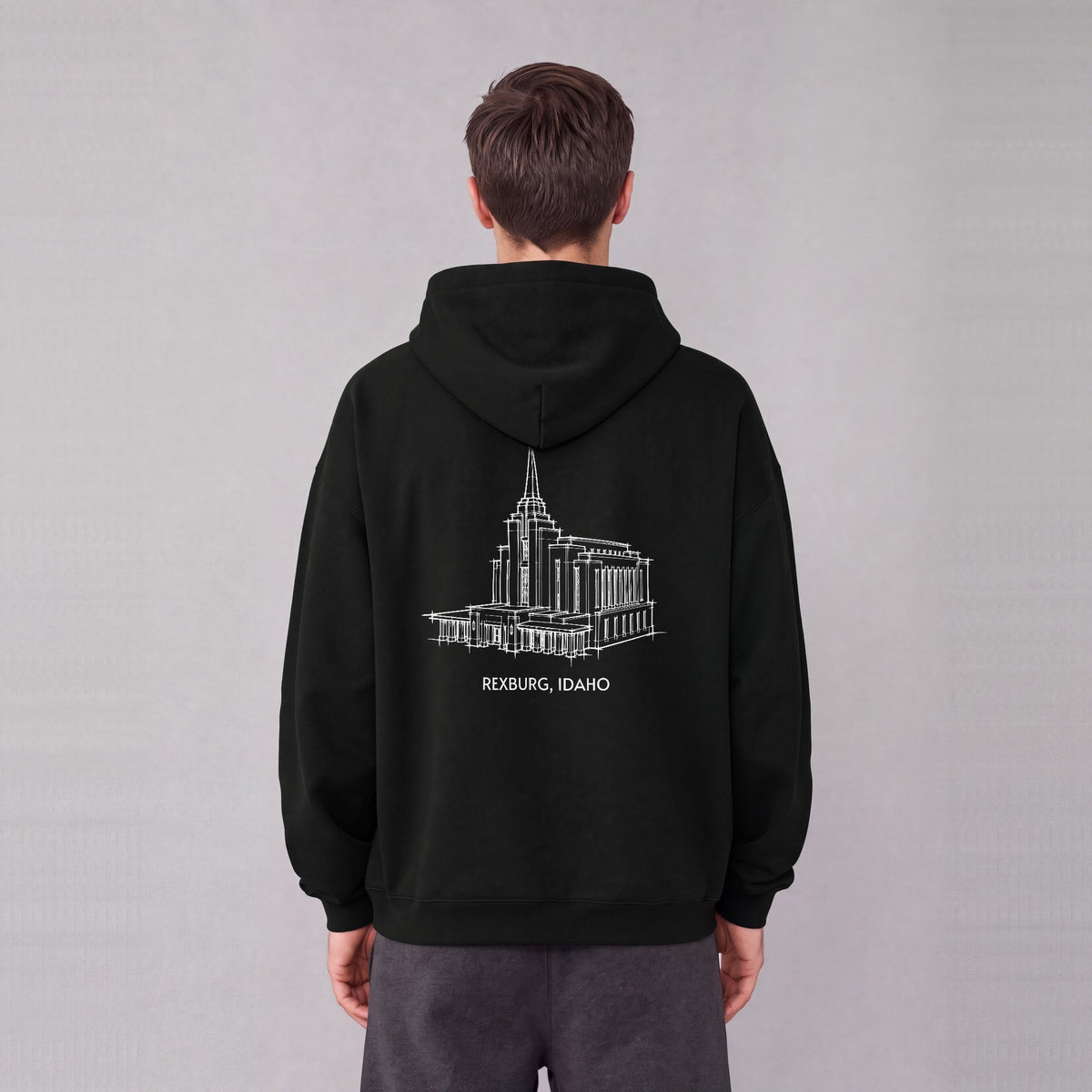 Rexburg Temple back print on model - Black