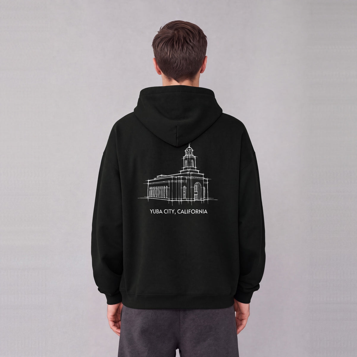 Feather River Temple back print on model - Black