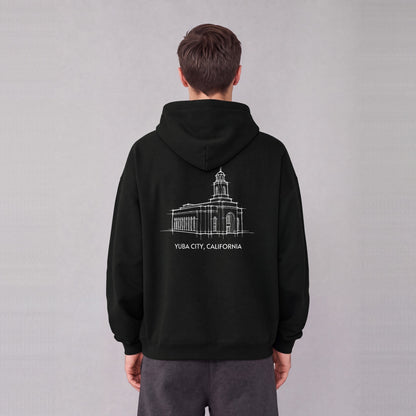 Feather River Temple back print on model - Black