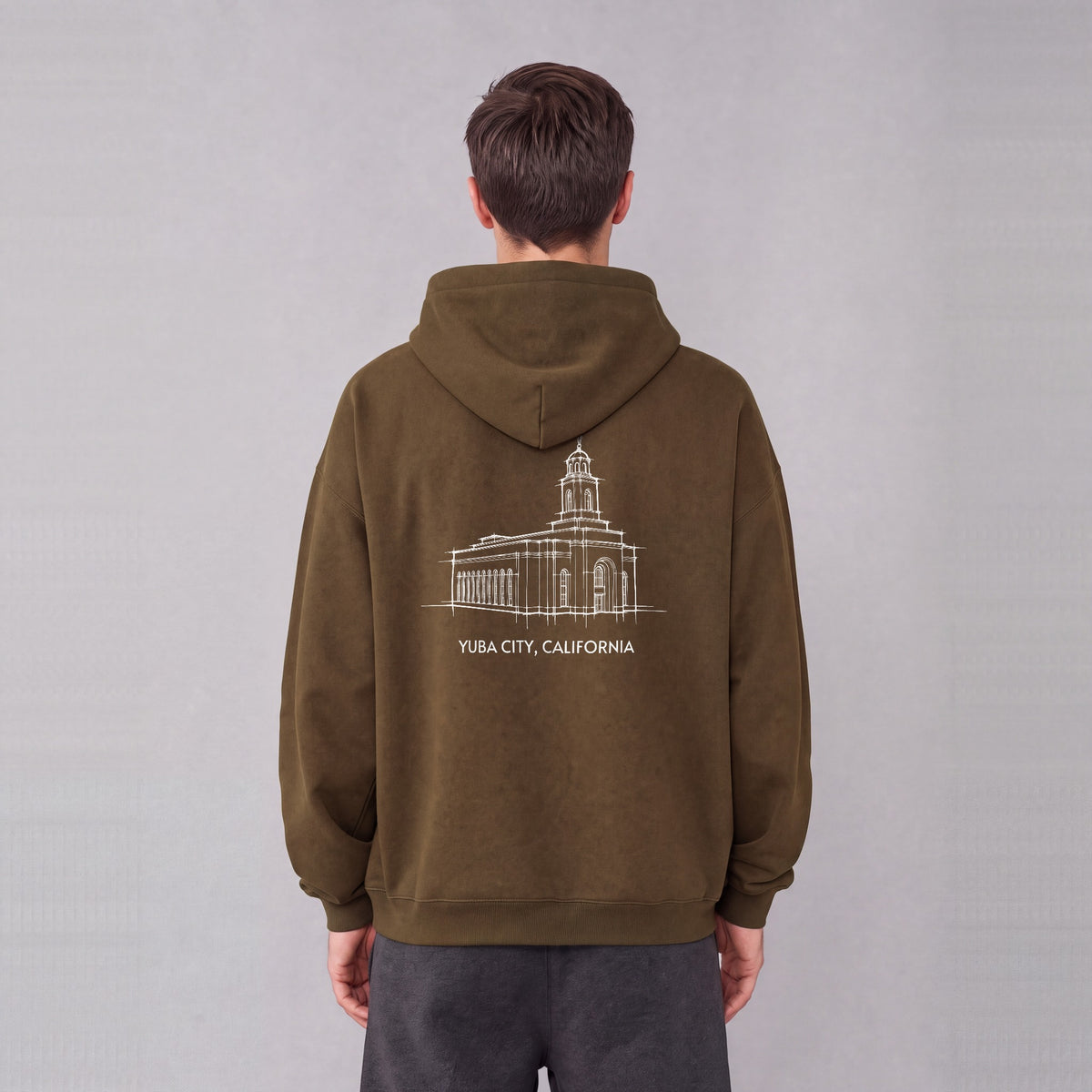 Feather River Temple back print on model - Coffee