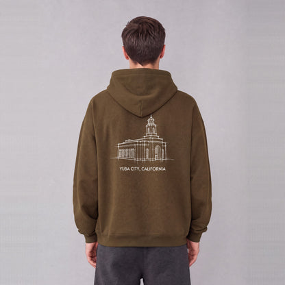 Feather River Temple back print on model - Coffee