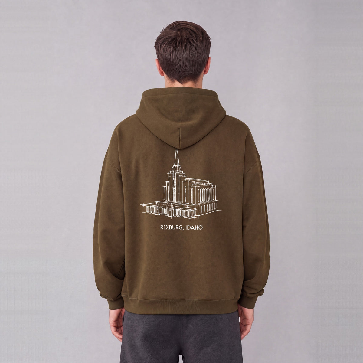 Rexburg Temple back print on model - Coffee