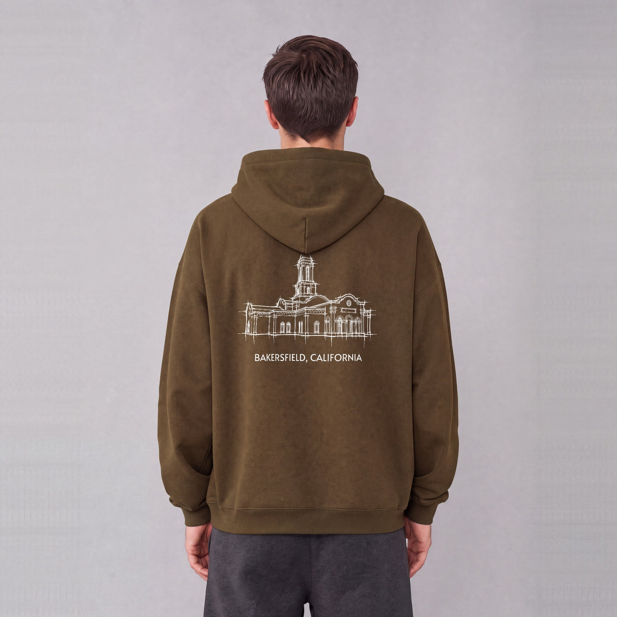 Bakersfield Temple back print on model - Coffee