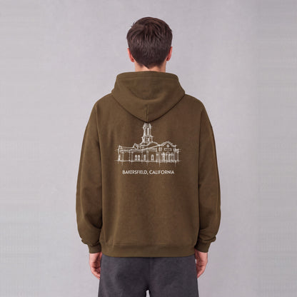 Bakersfield Temple back print on model - Coffee