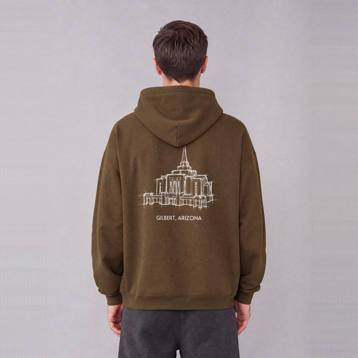 Gilbert Temple back print on model - Coffee