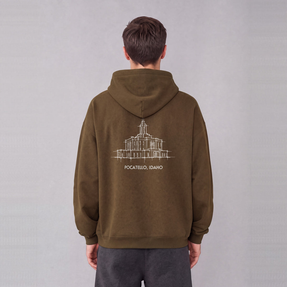 Pocatello Temple back print on model - Coffee