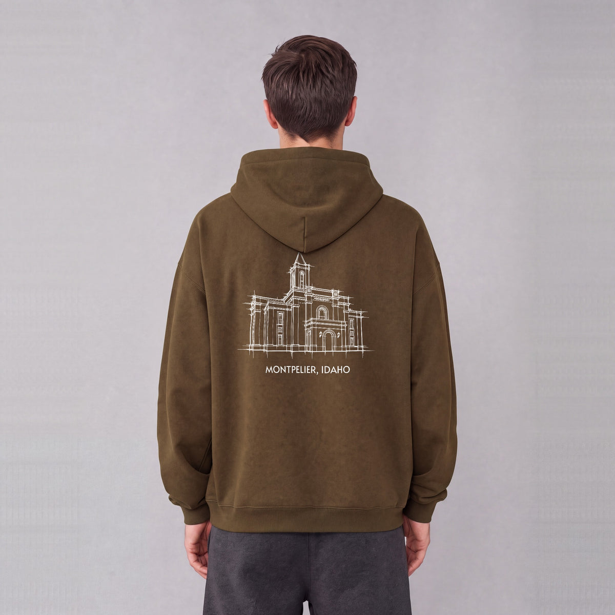 Montpelier Temple back print on model - Coffee