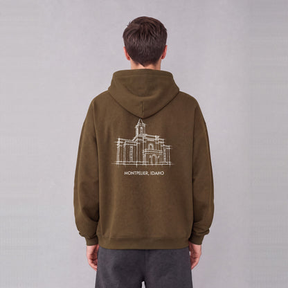Montpelier Temple back print on model - Coffee