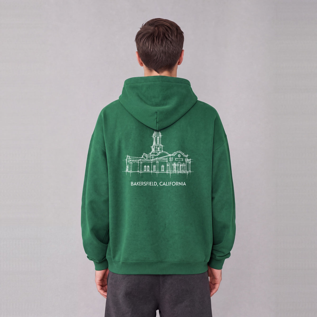 Bakersfield Temple back print on model - Eden Green