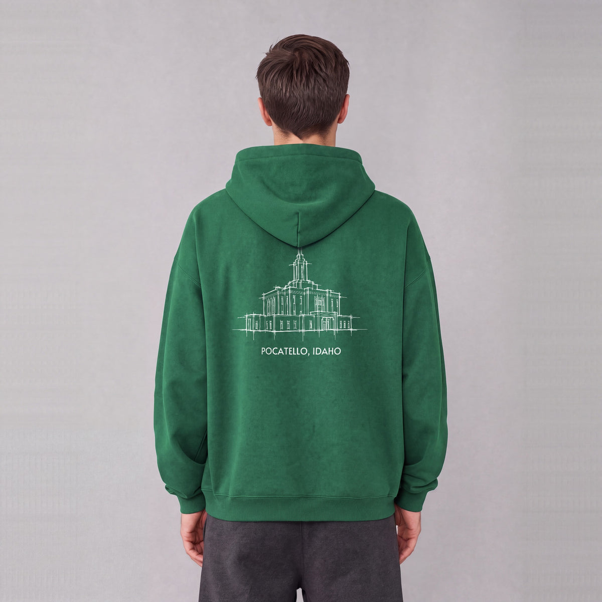 Pocatello Temple back print on model - Eden Green