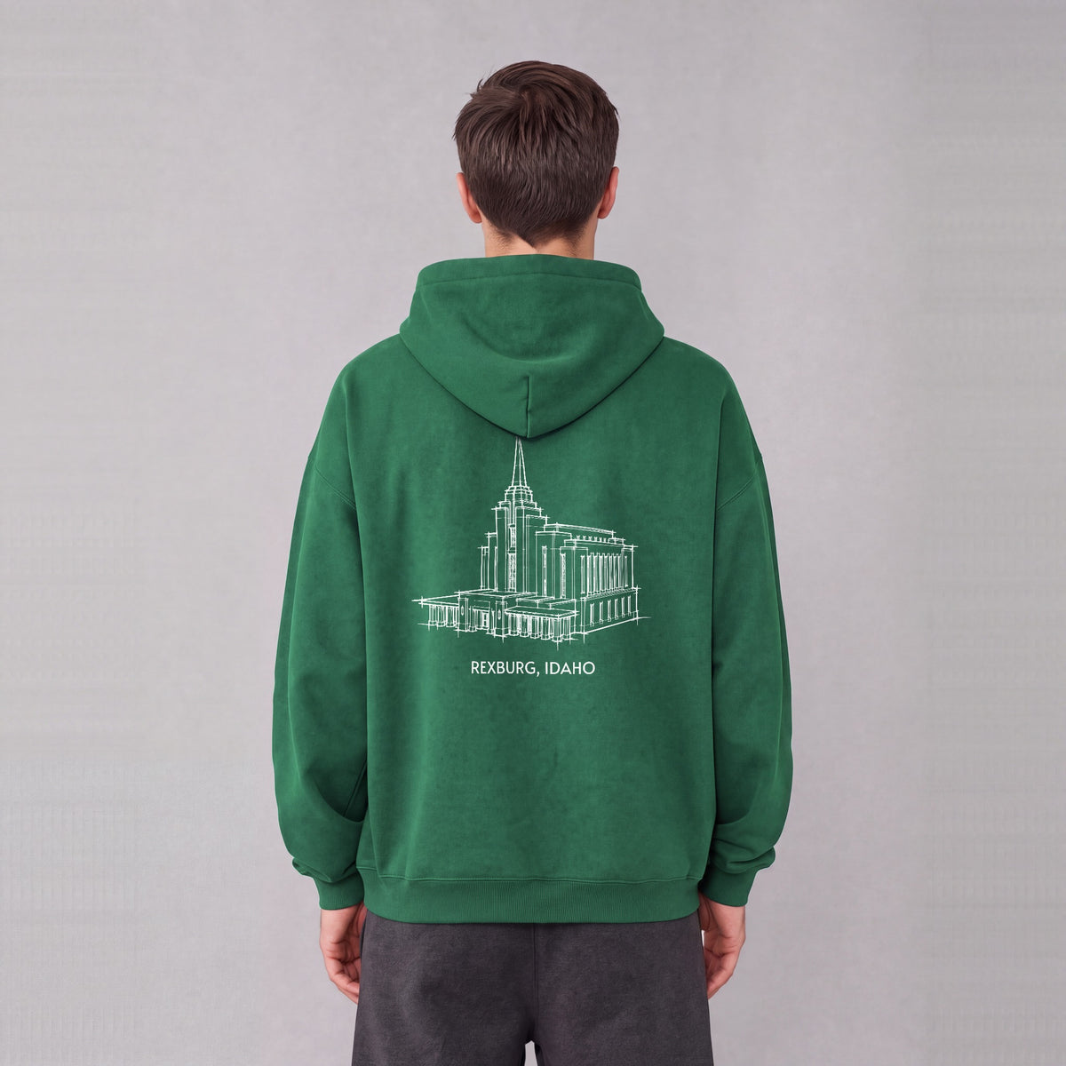 Rexburg Temple back print on model - Eden Green