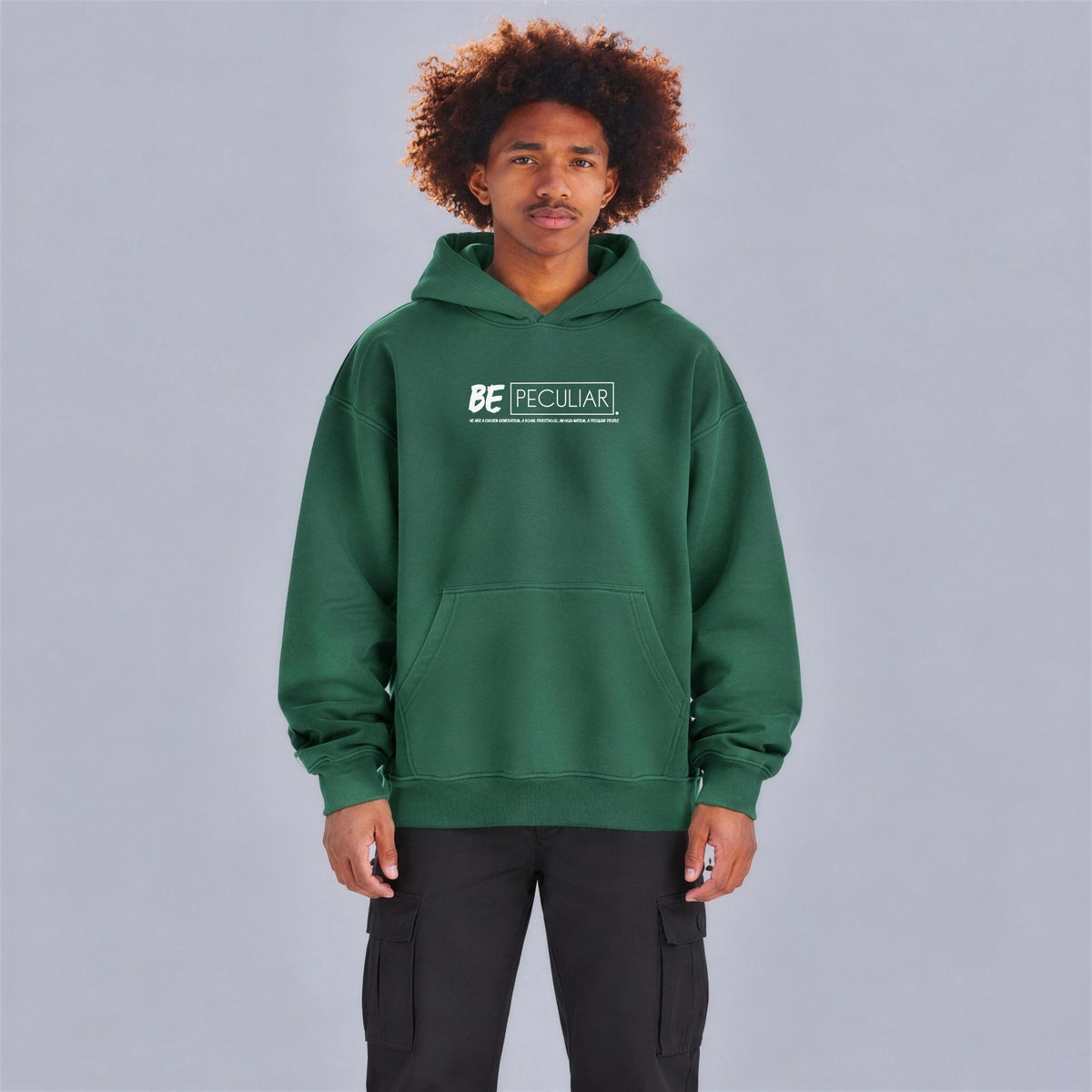 Be Peculiar hoodie front print on model - Eden Green