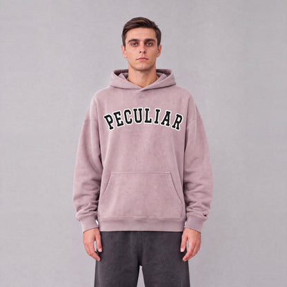 "Peculiar" collegiate hoodie front print on model - Mauve