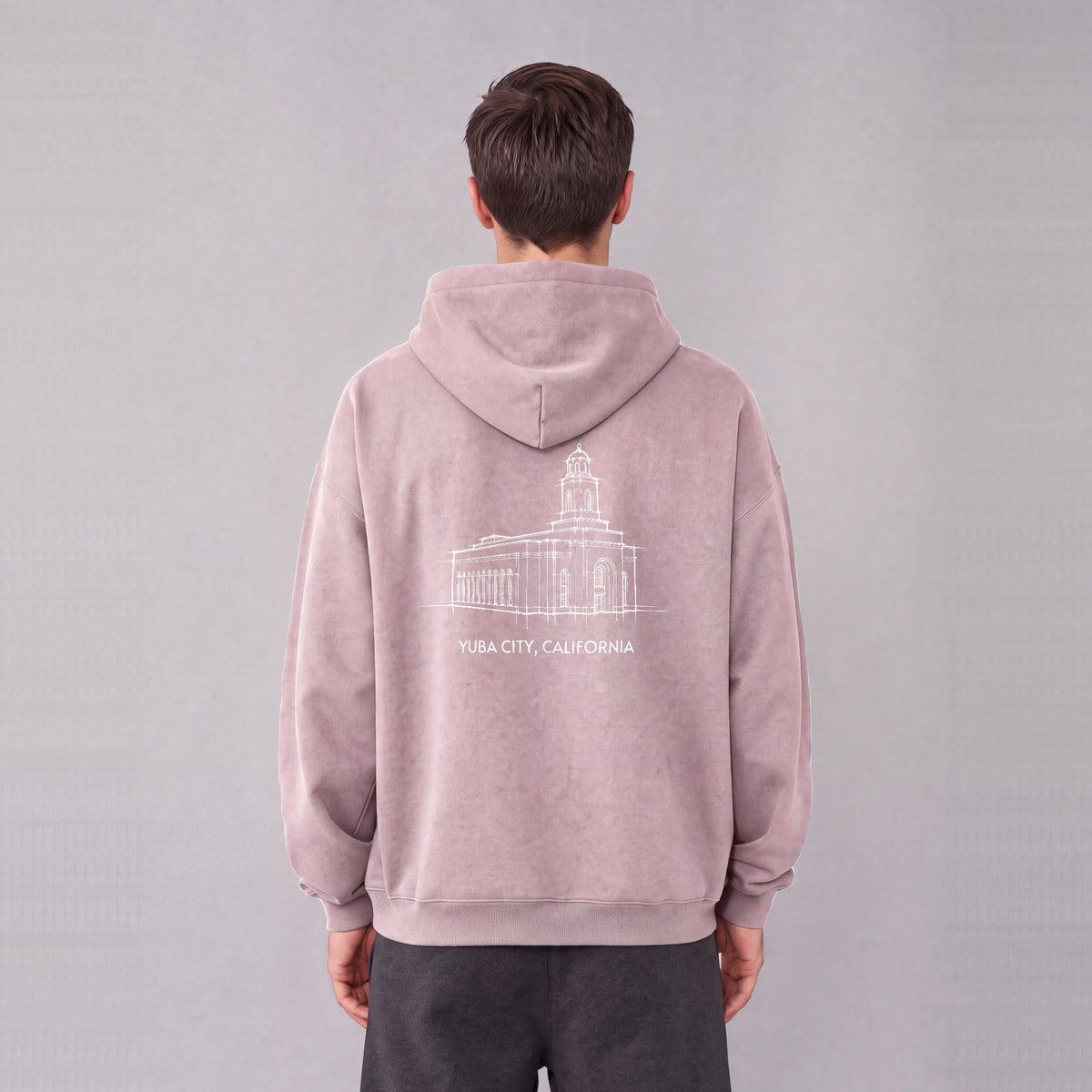 Feather River Temple back print on model - Mauve