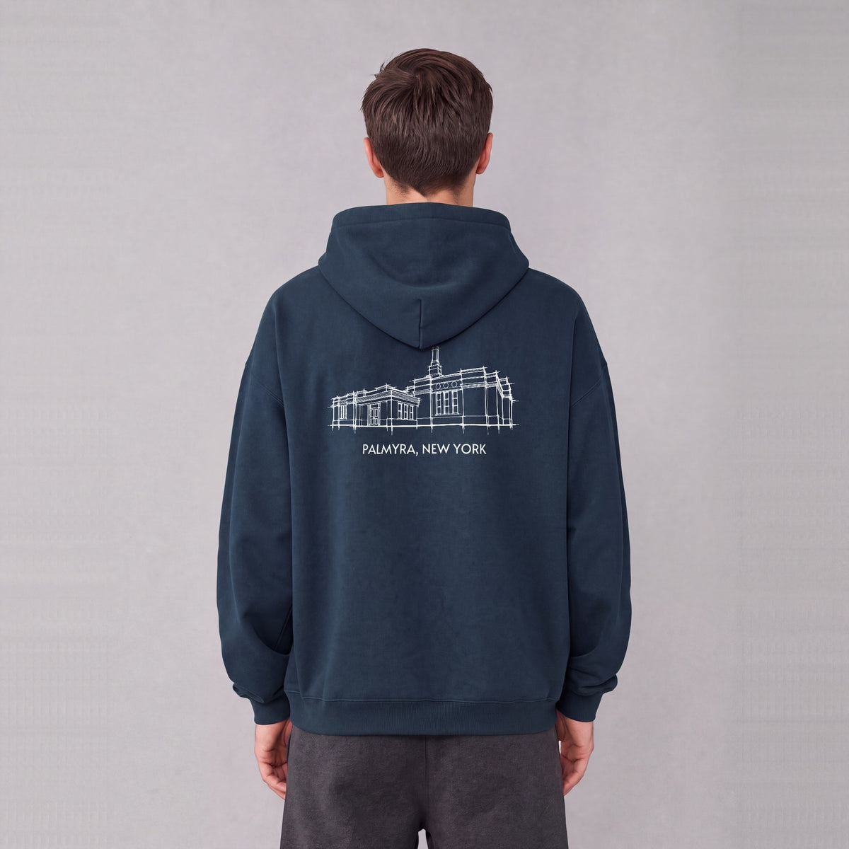 Palmyra Temple back print on model - Navy Blue