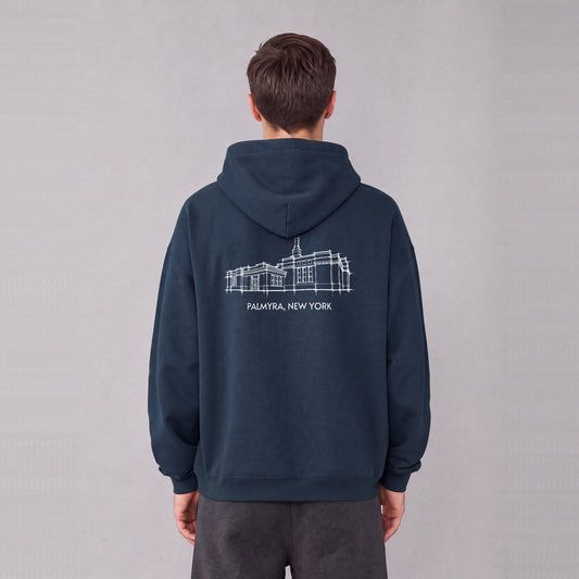 Palmyra Temple back print on model - Navy Blue