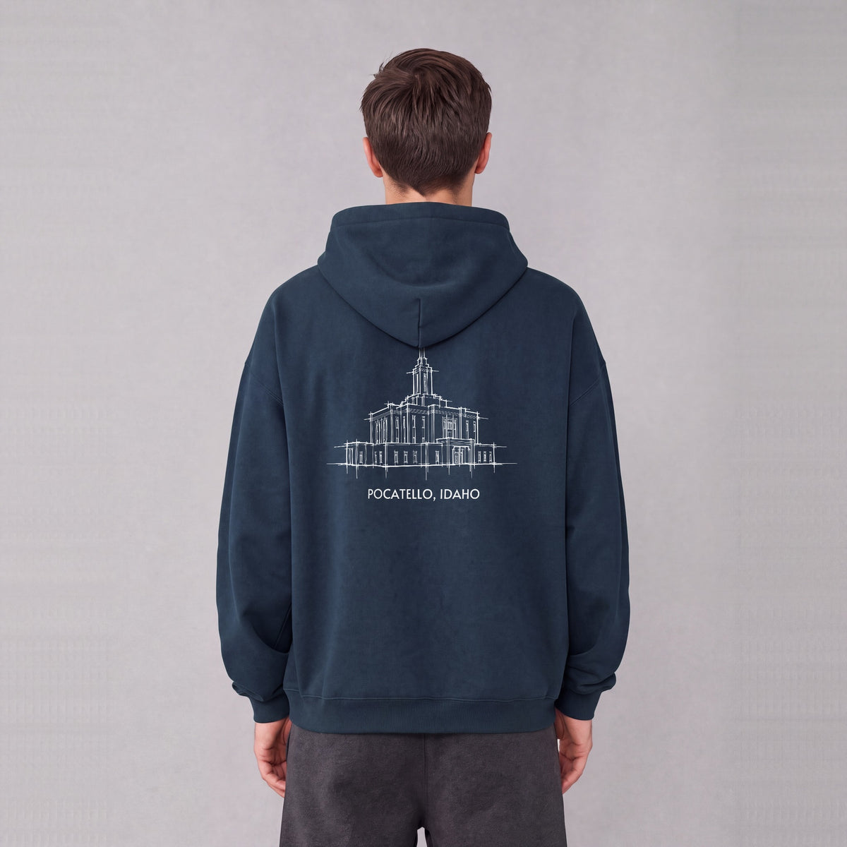 Pocatello Temple back print on model - Navy Blue