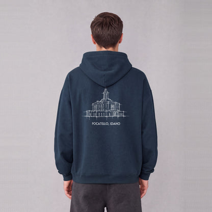 Pocatello Temple back print on model - Navy Blue