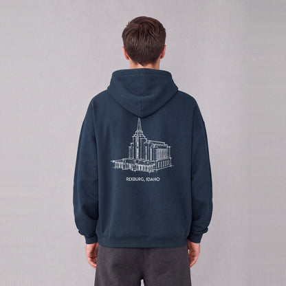 Rexburg Temple back print on model - Navy Blue