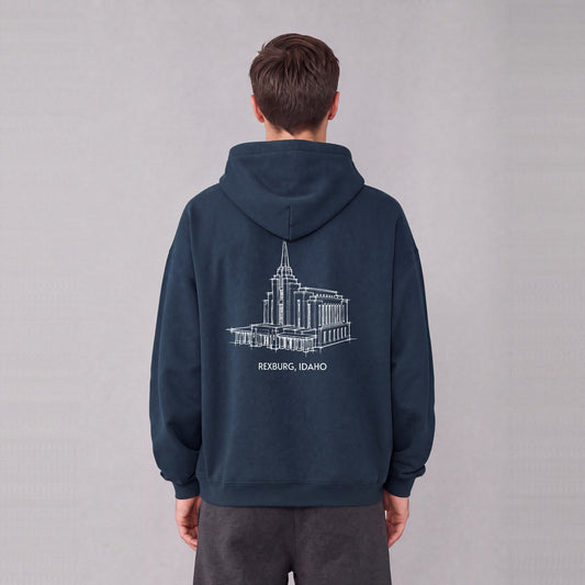 Rexburg Temple back print on model - Navy Blue