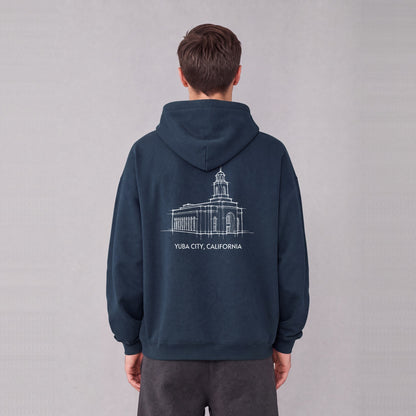 Feather River Temple back print on model - Navy Blue