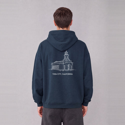 Feather River Temple back print on model - Navy Blue