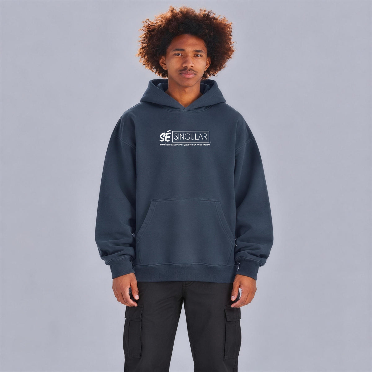 Sé Singular hoodie front print on model - Navy Blue