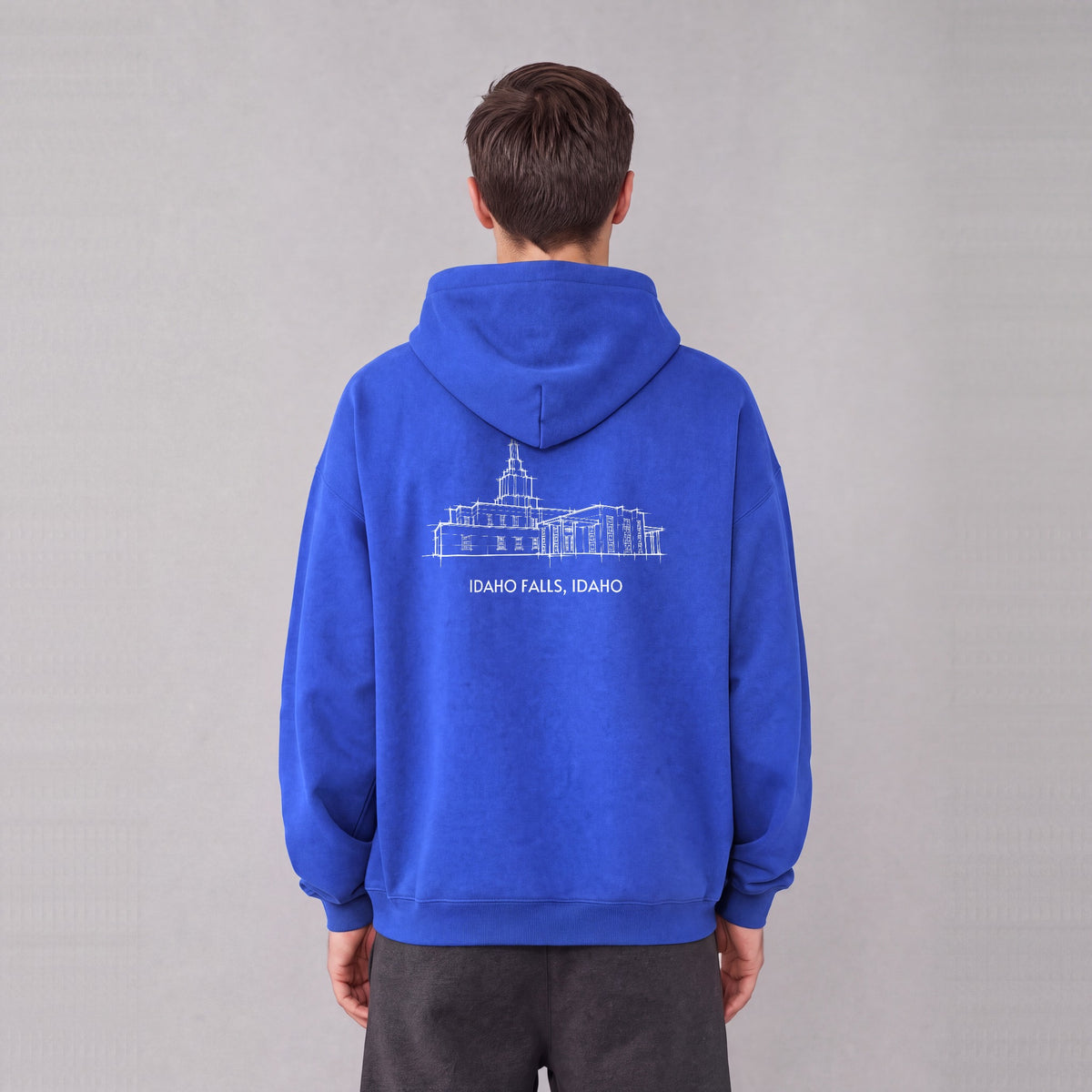 Idaho Falls Temple back print on model - Royal Blue
