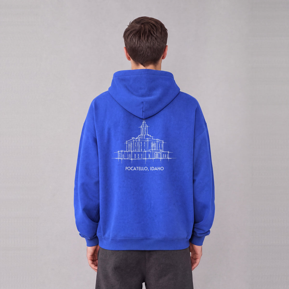 Pocatello Temple back print on model - Royal Blue