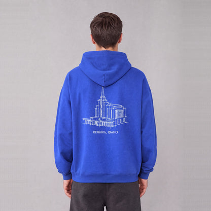 Rexburg Temple back print on model - Royal Blue