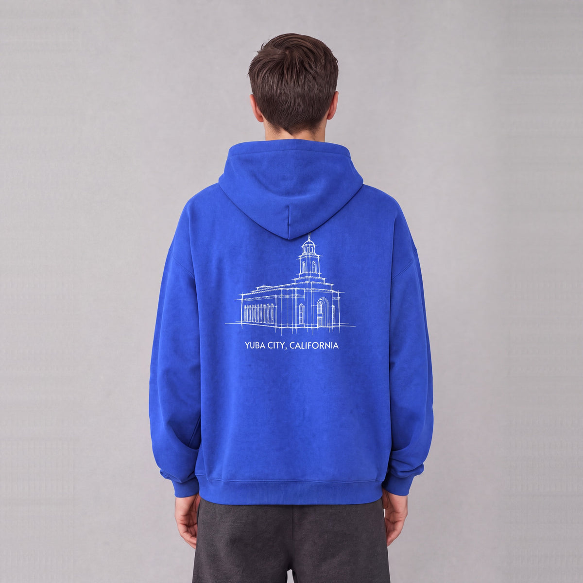 Feather River Temple back print on model - Royal Blue