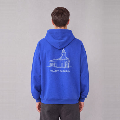 Feather River Temple back print on model - Royal Blue
