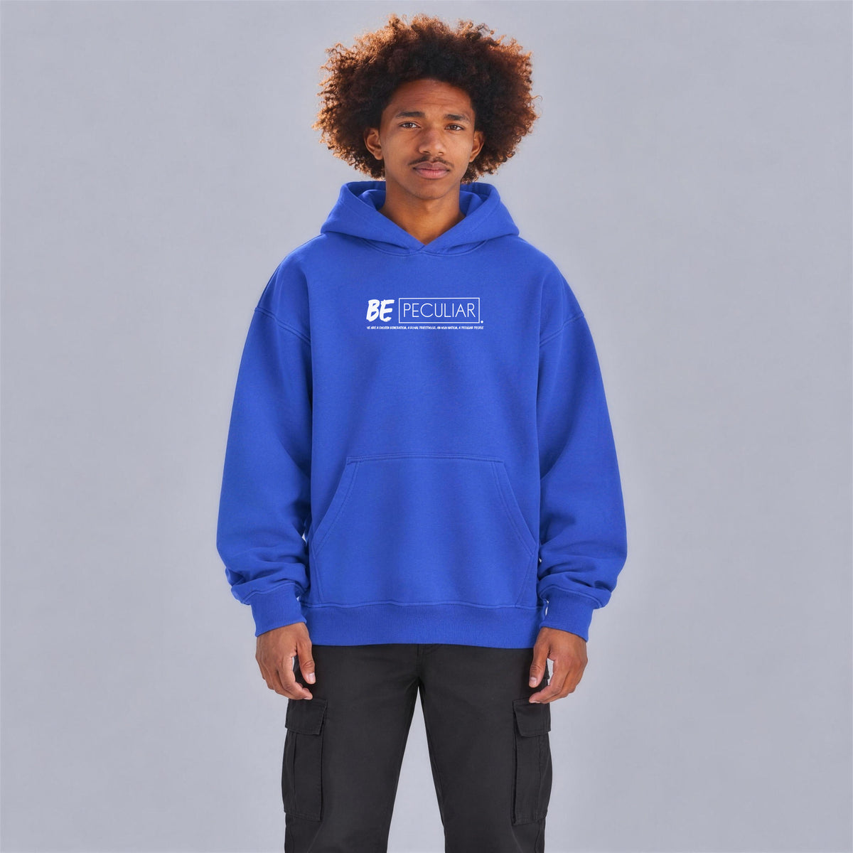 Be Peculiar hoodie front print on model - Royal Blue