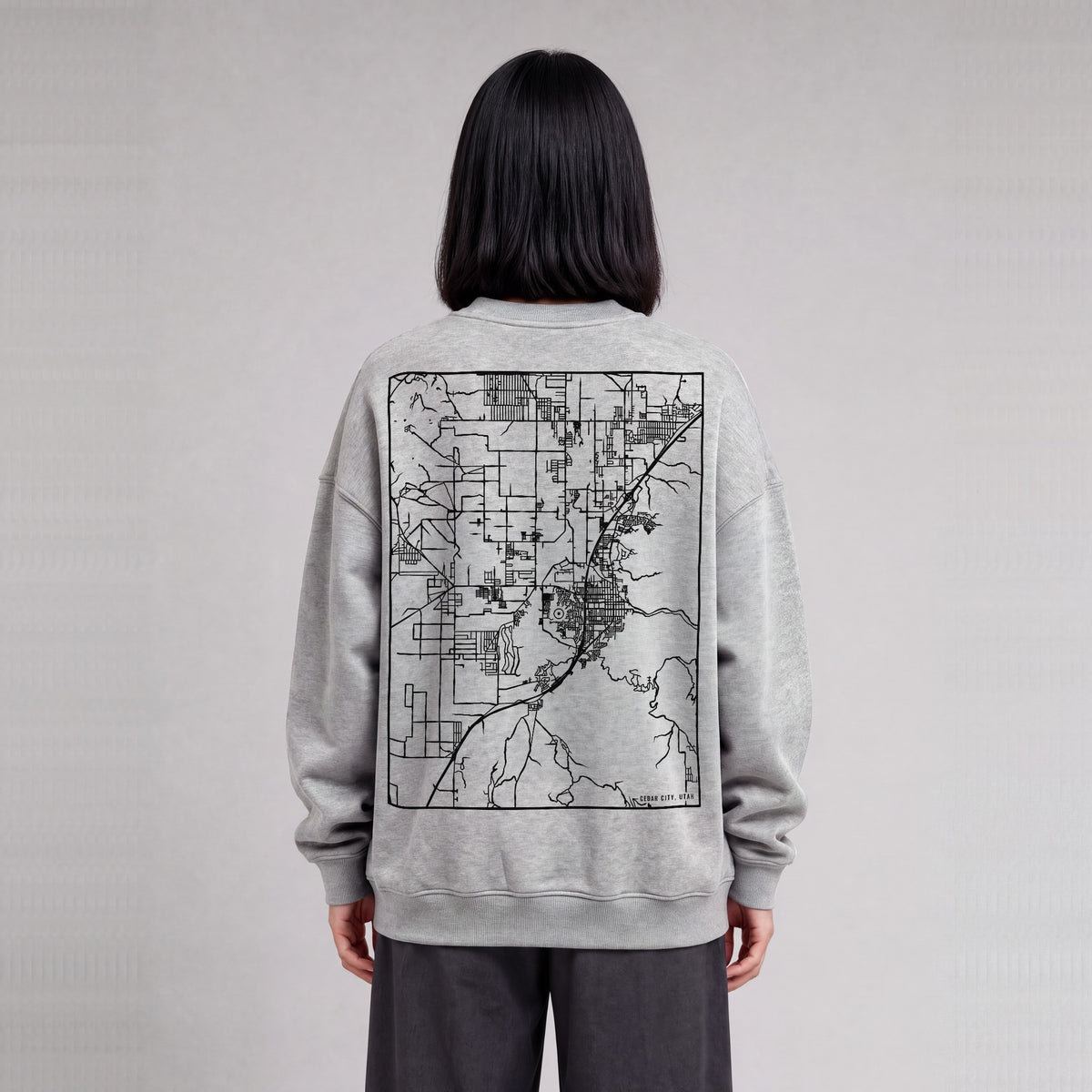 Cedar City map sweatshirt, back print on model - Heather Gray