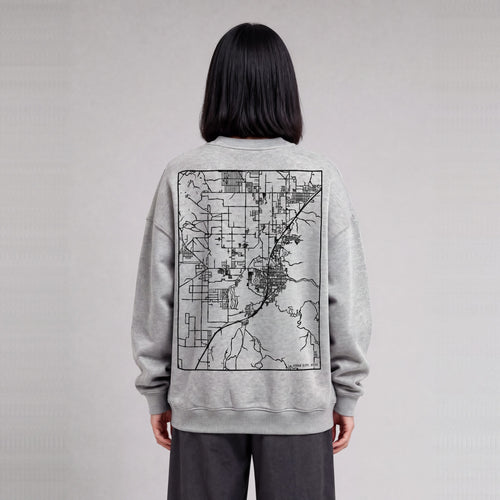 Cedar City map sweatshirt, back print on model - Heather Gray