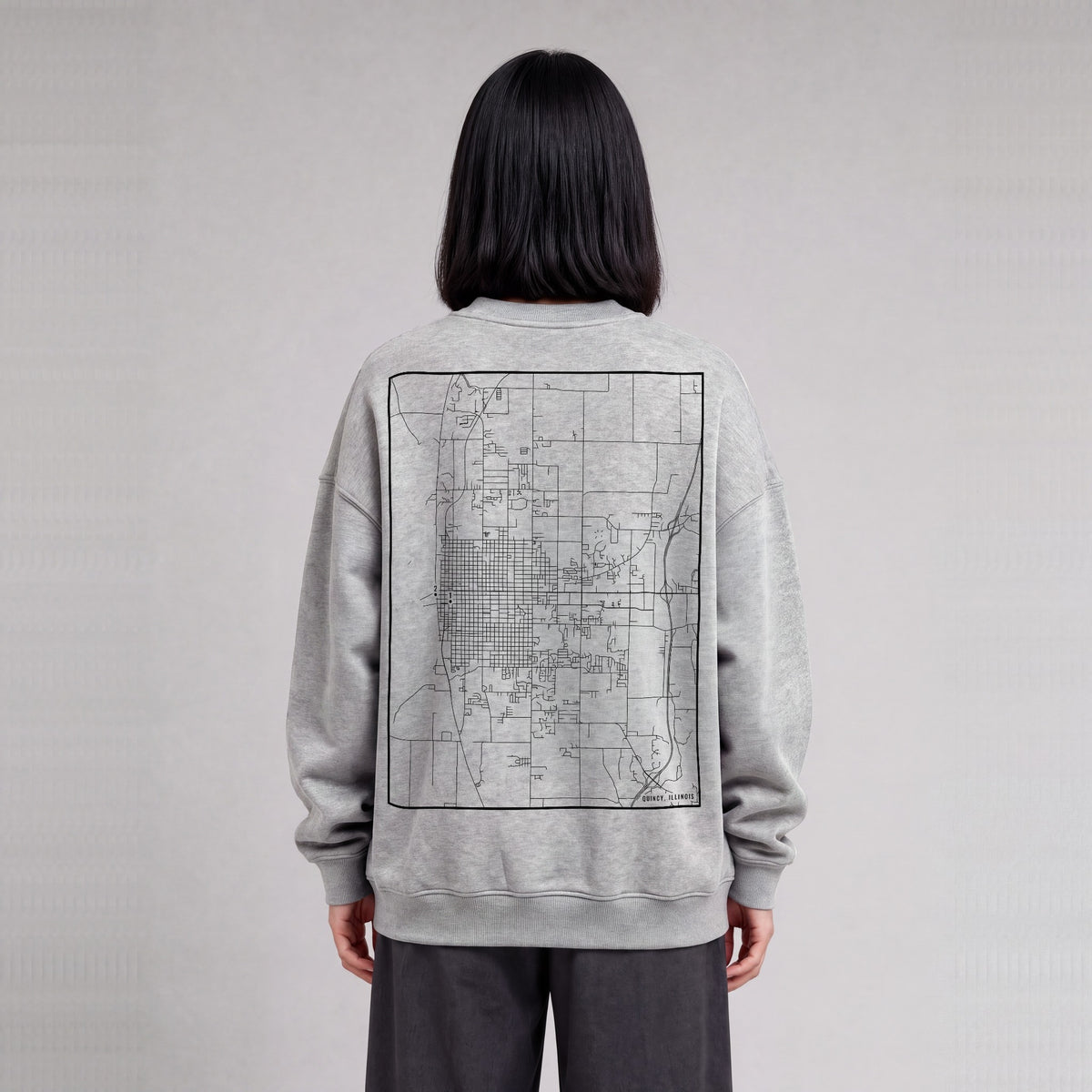 Quincy map sweatshirt, back print on model - Heather Gray