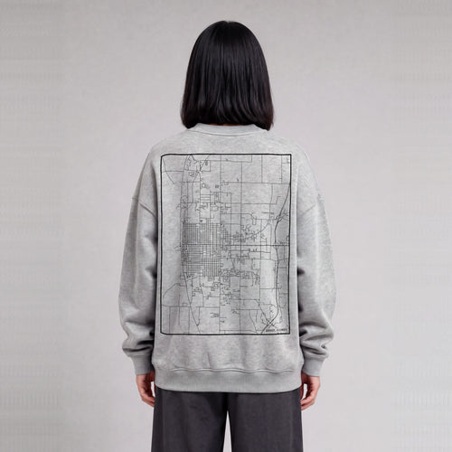 Quincy map sweatshirt, back print on model - Heather Gray