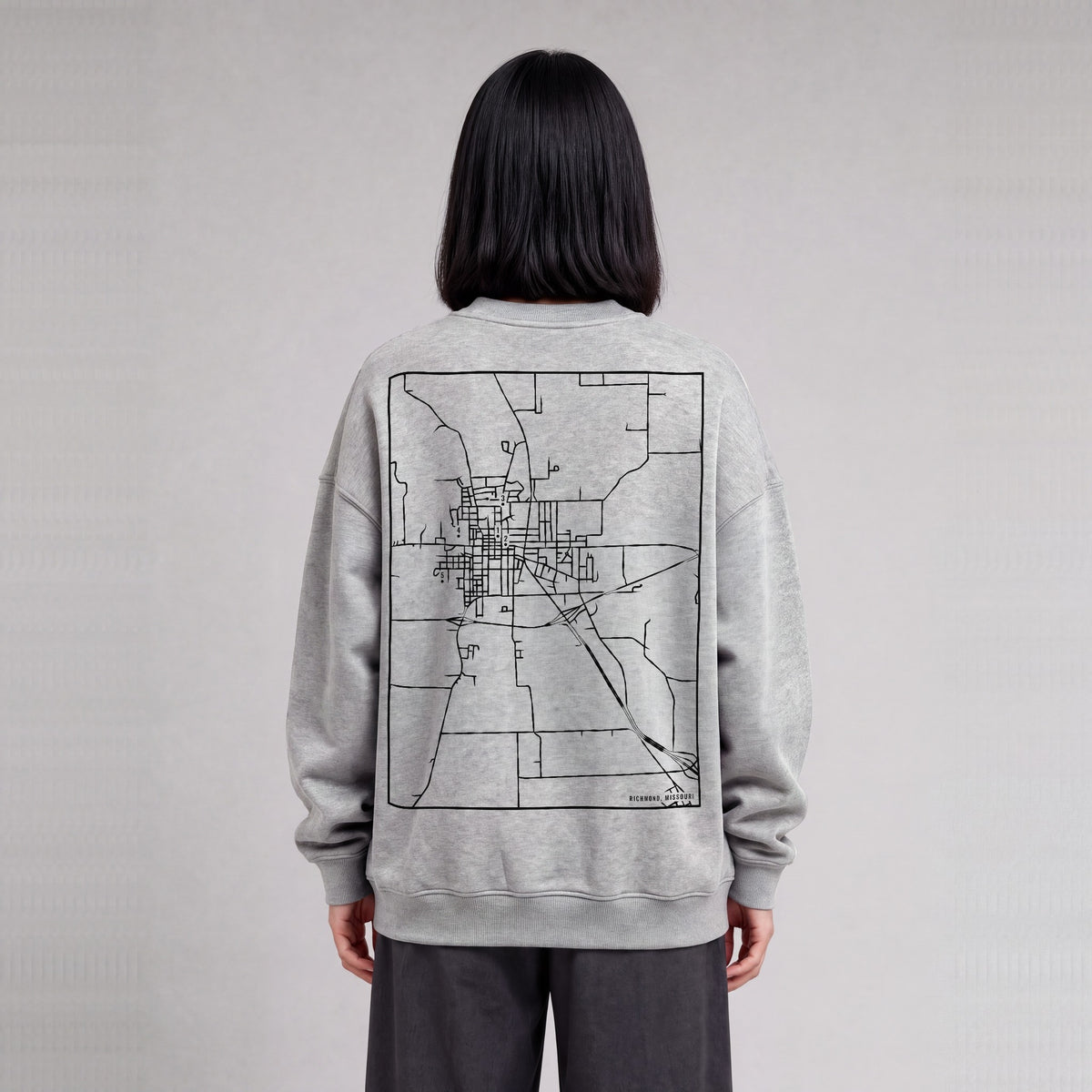 Richmond map sweatshirt, back print on model - Heather Gray