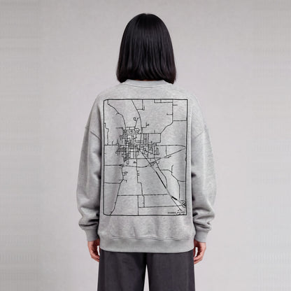 Richmond map sweatshirt, back print on model - Heather Gray