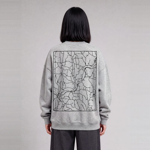 Afton map sweatshirt, back print on model - Heather Gray