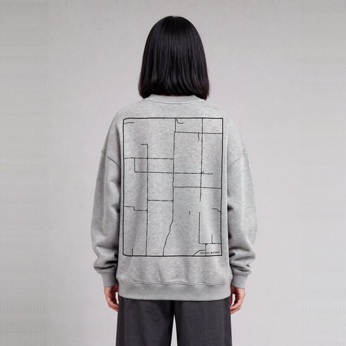 Far West map sweatshirt, back print on model - Heather Gray