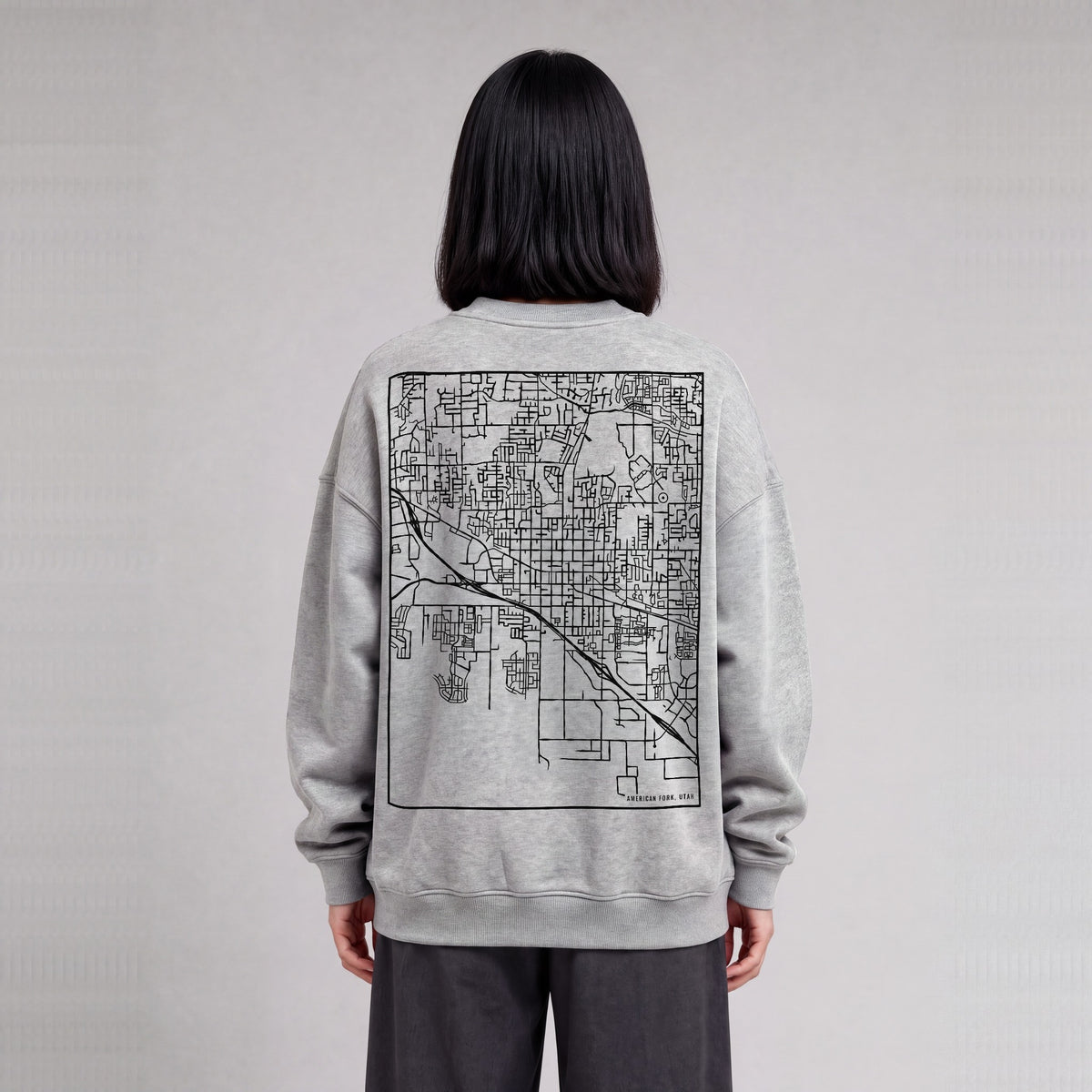American Fork map sweatshirt, back print on model - Heather Gray